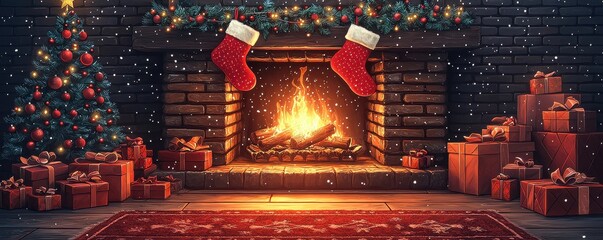 Cozy Christmas scene with stockings and tree by a festive fireplace