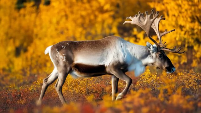 A magnificent caribou with impressive antlers wanders through a vibrant landscape, showcasing its natural beauty and grace in the wild.