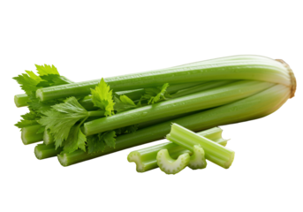 Pristine vibrant green organic celery bunch and neatly cut stalks on a light wooden cutting board, clean blurred kitchen counter background, soft natural daylight, healthy eating concept
