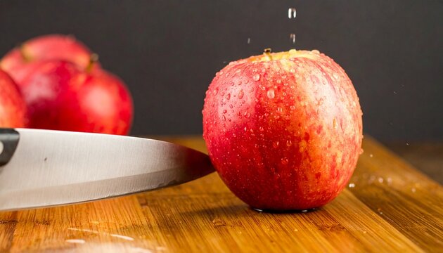 A sharp steel knife slicing through a vibrant red apple on a wooden board, captured in crisp HD detail.  - Powered by Adobe