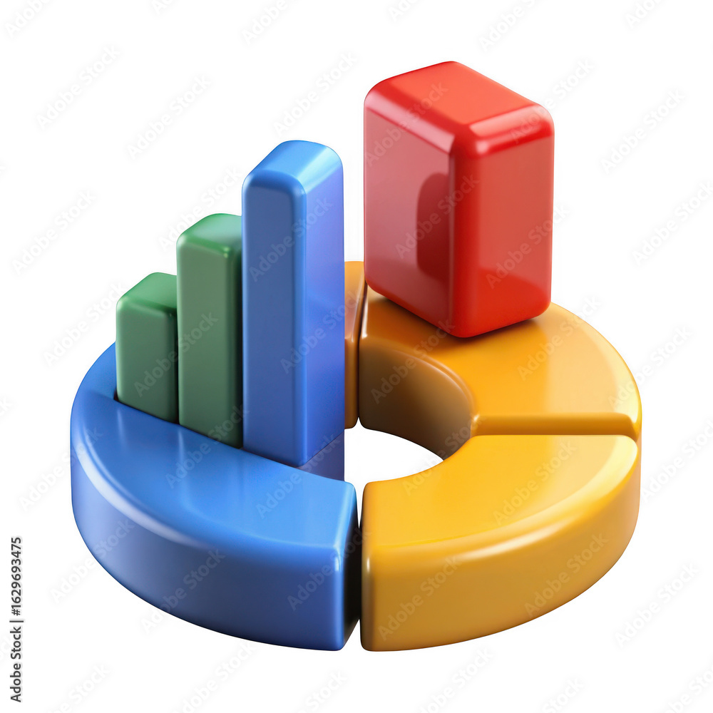 Poster 3d colorful pie chart and bar graph isolated on transparent background