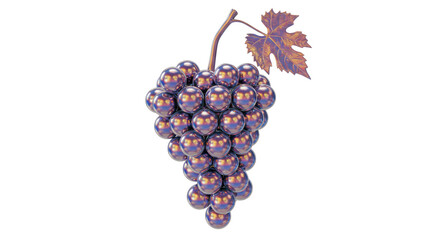 Isolated 3D Render of a Vibrant Bunch of Metallic Grapes with Leaf, Symbolizing Fruit, Wine Production, and Natural Abundance