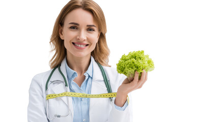 A smiling female doctor with a stethoscope and measuring tape holds a fresh green lettuce head isolated on transparent background, promoting healthy eating and weight management