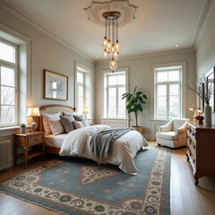 Transform your bedroom into a timeless retreat with this classic interior featuring a sophisticated patterned rug, high ceilings, and a striking modern chandelier.
