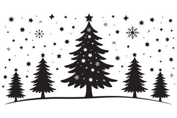 Obraz premium Elegant black and white christmas tree silhouette design with falling snowflakes and stars
