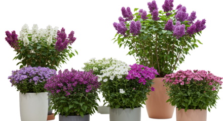 Lush flowering plants with diverse purple, pink, white blooms in modern neutral planters, in a clean, bright corporate office atrium, concept of corporate well-being and natural harmony