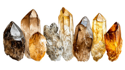 Various types of quartz crystals displayed on a transparent background