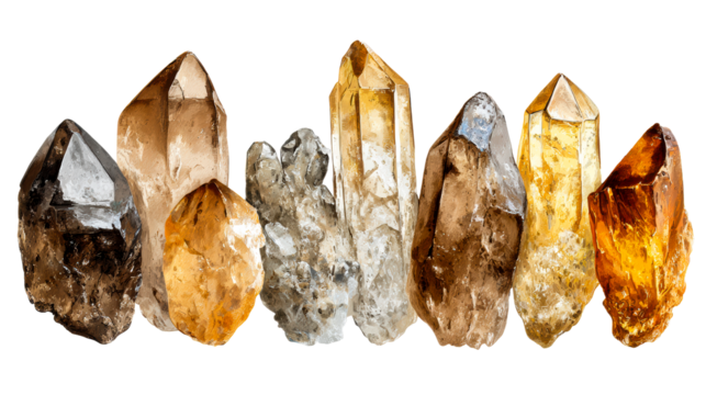 Various types of quartz crystals displayed on a transparent background