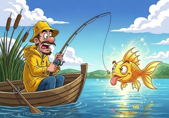 Cartoon illustration of a surprised fisherman catching a magical golden fish in a lake