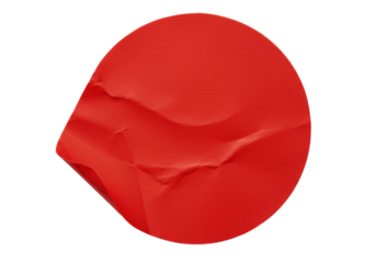 A single, crumpled circular red paper sticker with its corner peeled back revealing white adhesive, isolated on a transparent background, soft studio lighting, concept of revelation
