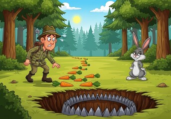 Clever rabbit tricks a hunter with a carrot trail leading to a dangerous pit trap in the forest