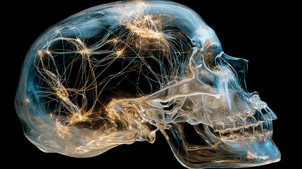 Bioluminescent neural networks pulsing inside a translucent human skull in darkness.