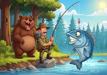 Funny cartoon hunter fishing with a laughing bear and a very large surprising fish jumping