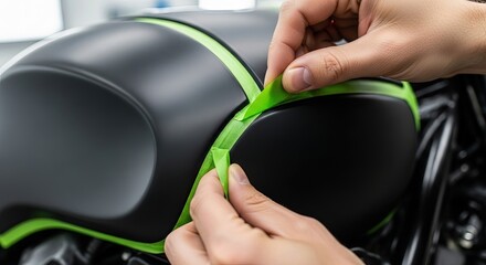 Mechanic applying green masking tape to a black motorcycle tank for custom painting in a garage