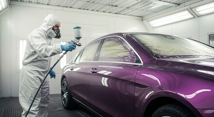Professional painter in a protective suit spraying custom purple paint on a modern car body