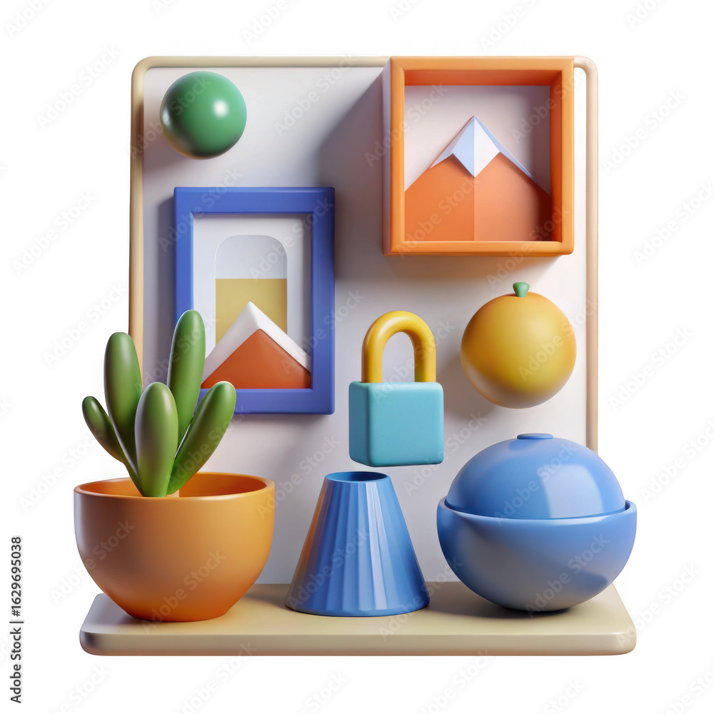 Poster 3d decorative shelf display with geometric objects isolated on transparent background