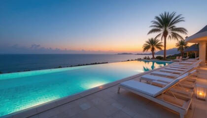 Obraz premium Tropical paradise pool at sunset with a beautiful turquoise ocean horizon and summer sky