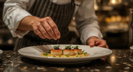 Professional Chef Artfully Plating Gourmet Seared Scallops with Delicate Garnish for a Fine Dining Experience