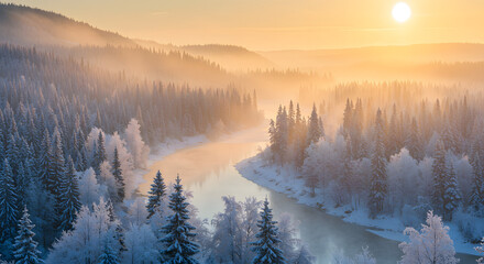 Winter forest landscape with snowy trees river and sunlight beautiful nature scene aerial view scenic panorama