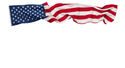 Pristine United States flag, red, white, and blue, meticulously folded or draped, wavy, distinct stripes, white stars on a transparent seamless background, text space, concept of American values and