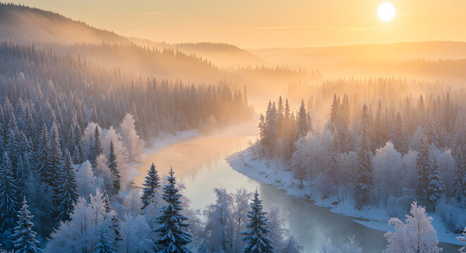 Winter forest landscape with snowy trees river and sunlight beautiful nature scene aerial view scenic panorama