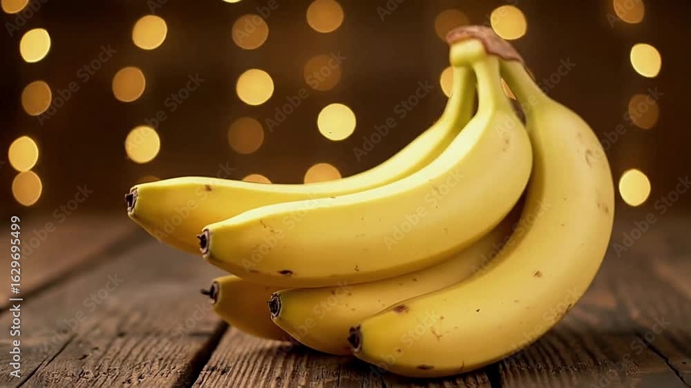 Poster bananas ripe yellow lie on a rustic wooden table blurred lights in the background add warmth