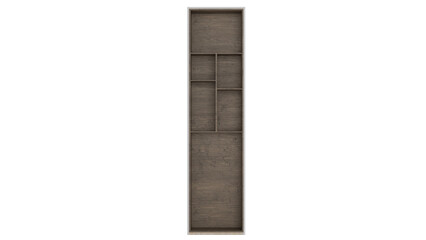 3D Render a tall wooden shelf with a door open