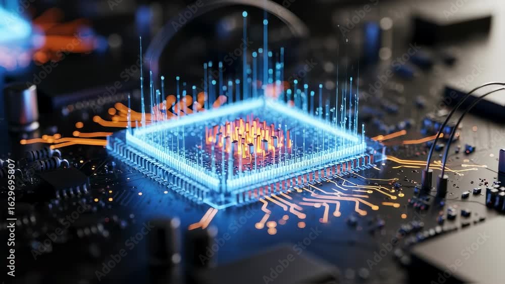 Poster visualization of intelligent machine circuitry glowing within a complex motherboard system.
