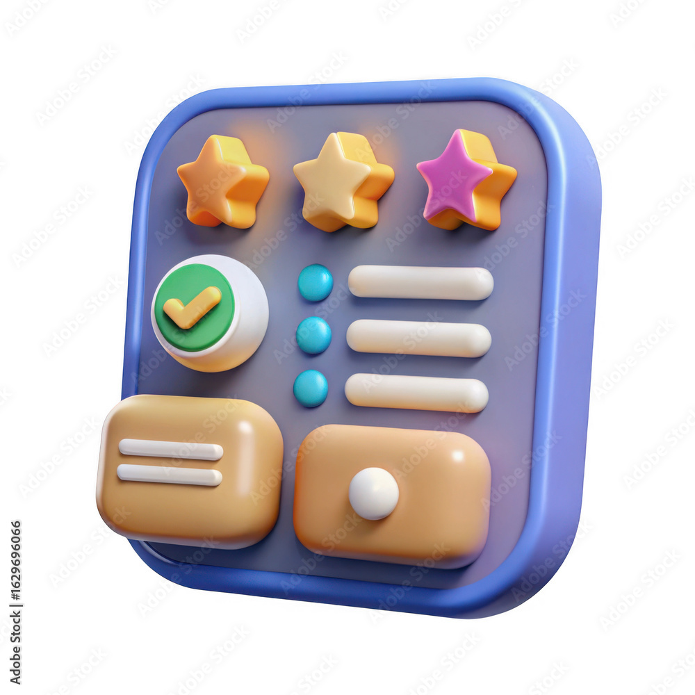 Poster 3d app interface elements with stars and buttons isolated on transparent background