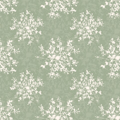 Pattern with wild carrot, Daucus Carota flower imprint, an umbelliferous plant, stamp silhouette creme on pastel green background.