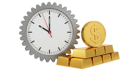 Isolated Gear Clock with Gold Bars and Dollar Coin for Time-based Financial Management and Investment
