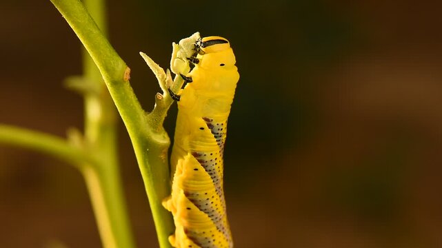 Oleander hawk-moth caterpillar. Macro video of vibrant yellow oleander hawk-moth caterpillar feeding on plant stem. Its striking black spots and patterns are powerful display of nature's design.