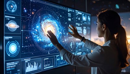 Woman interacting with interactive display screen