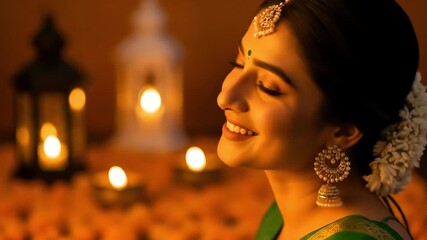 Beautiful indian woman in festive dress celebrating diwali kajari hariyali teej and hartalika with joy and festive elegance around lights