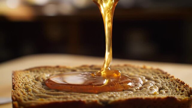 Golden Honey Flowing Onto Freshly Baked Multigrain Bread Slice