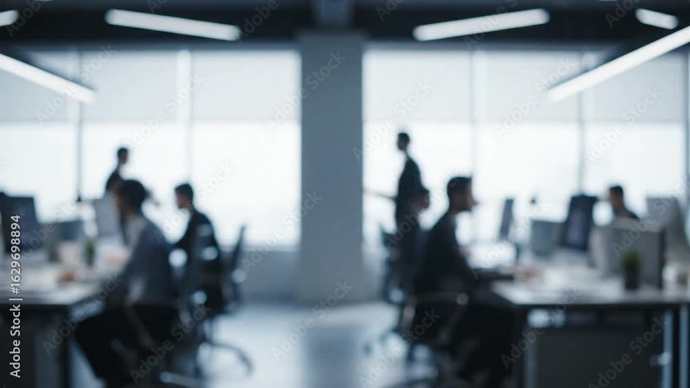Poster blurred office space with people working at desks lights above and windows in the background