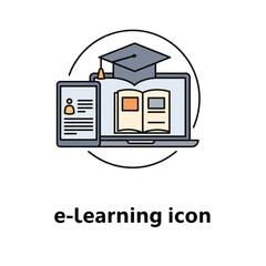 E-learning icon illustration, modern design, digital education tools, online learning concept, copy space