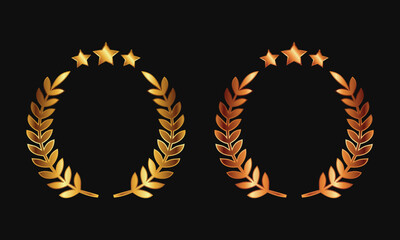 Golden laurel wreaths with three stars on top, symbolizing victory and excellence, on a dark background. Ideal for awards, emblems, or premium certificate design elements.