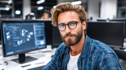 Fototapeta premium Man working at computer in office environment with multiple screens and technology setup