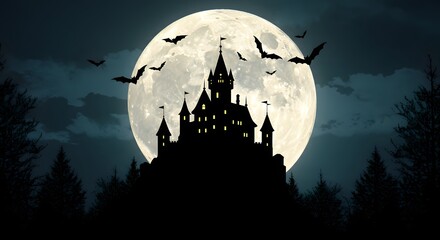 Fototapeta premium Silhouette of a castle with illuminated windows against a full moon bats flying around