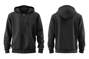 Front and back view of a plain black zip-up hoodie