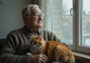 Elderly man gazing thoughtfully with cat by window