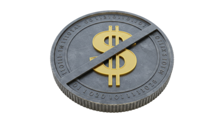 Isolated Crossed-Out Dollar Sign on Digital Coin, Representing Financial Crisis or Cashless Economy