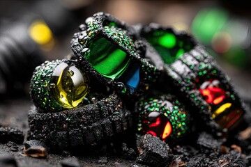 Colorful gemstone rings nestled in dark volcanic-like material