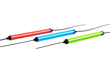 Four sleek, horizontally aligned neon LED tubes in red, blue, green, yellow, glowing brightly on a transparent background with abstract lines extending outward, concept of digital innovation