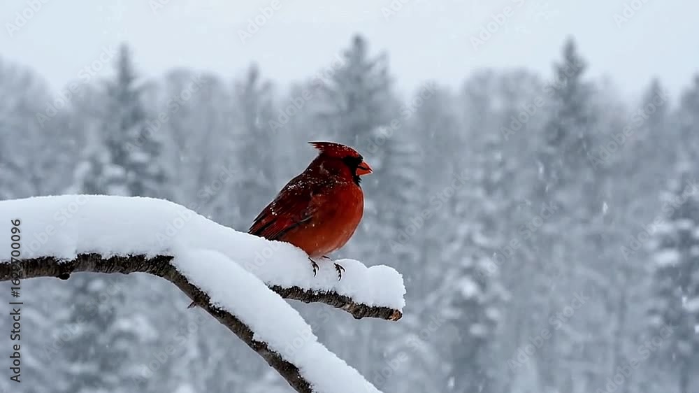 Aufkleber cardinal perched on a snowcovered branch during a snowfall with blurred trees in the background