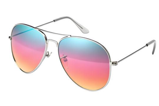 Stylish aviator sunglasses with gradient lenses in pink, blue, and orange, isolated on transparent background
