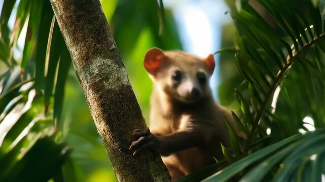 A curious Kinkajou peers out from the lush rainforest canopy, its expressive eyes capturing the essence of wildlife in its natural habitat.