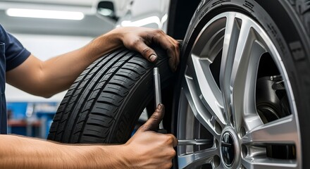 Fototapeta premium Mechanic installing a car tire with a tool in a garage with a silver rim and a black tire tread