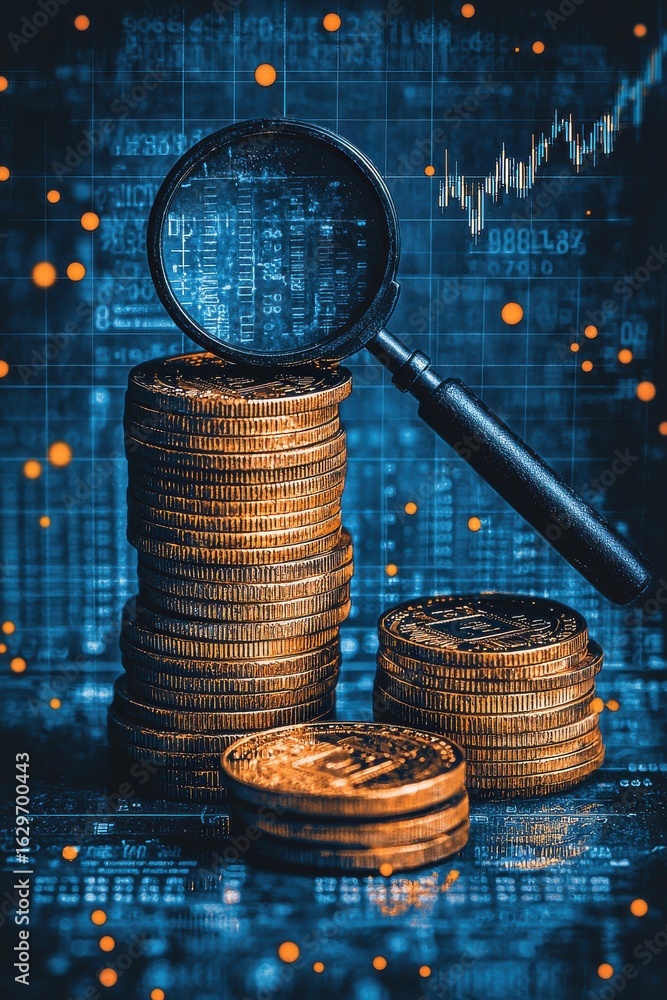 Poster digital assets analysis with stacked coins and magnifying glass on data backdrop